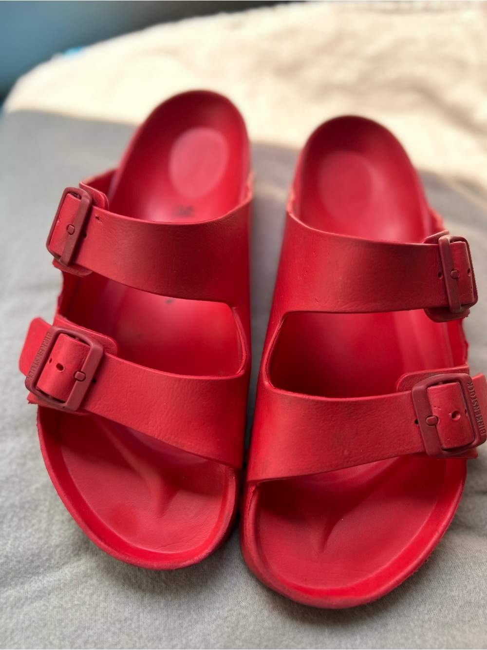 Mens Birkenstock Arizona EVA is Red Dual-Buckle Slide Sandals size 9 / ladies 11